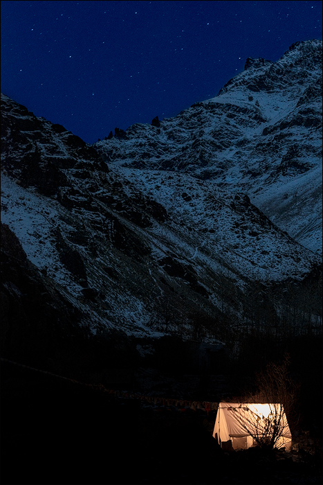 A view of our camp site by night in the shadow of the Himalayas.